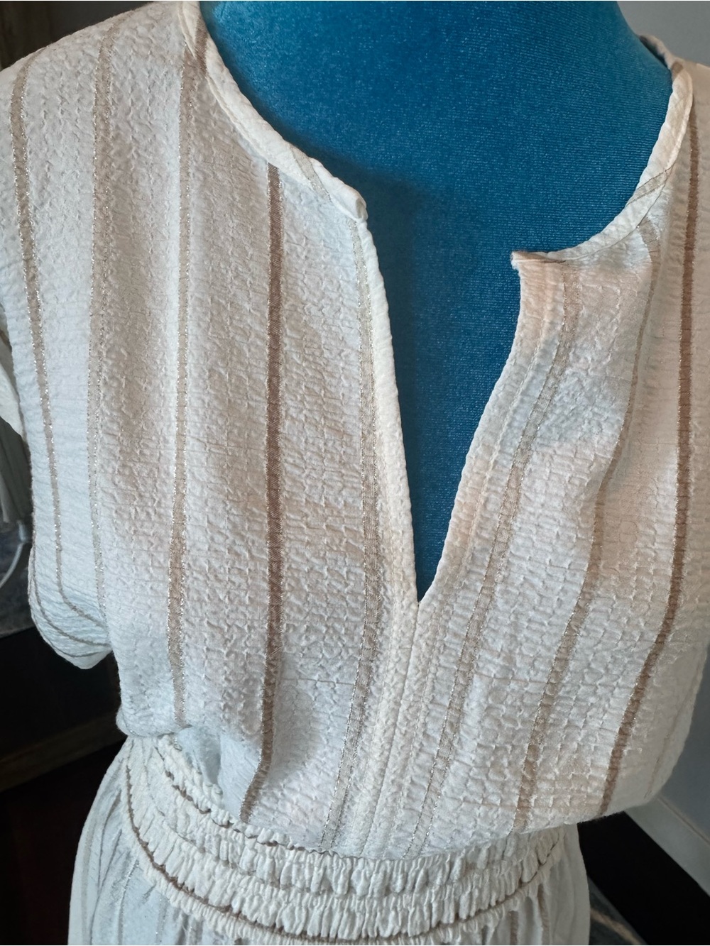 Calvin Klein Cream Striped Smocked-Waist Midi Dress - Picture 2 of 4